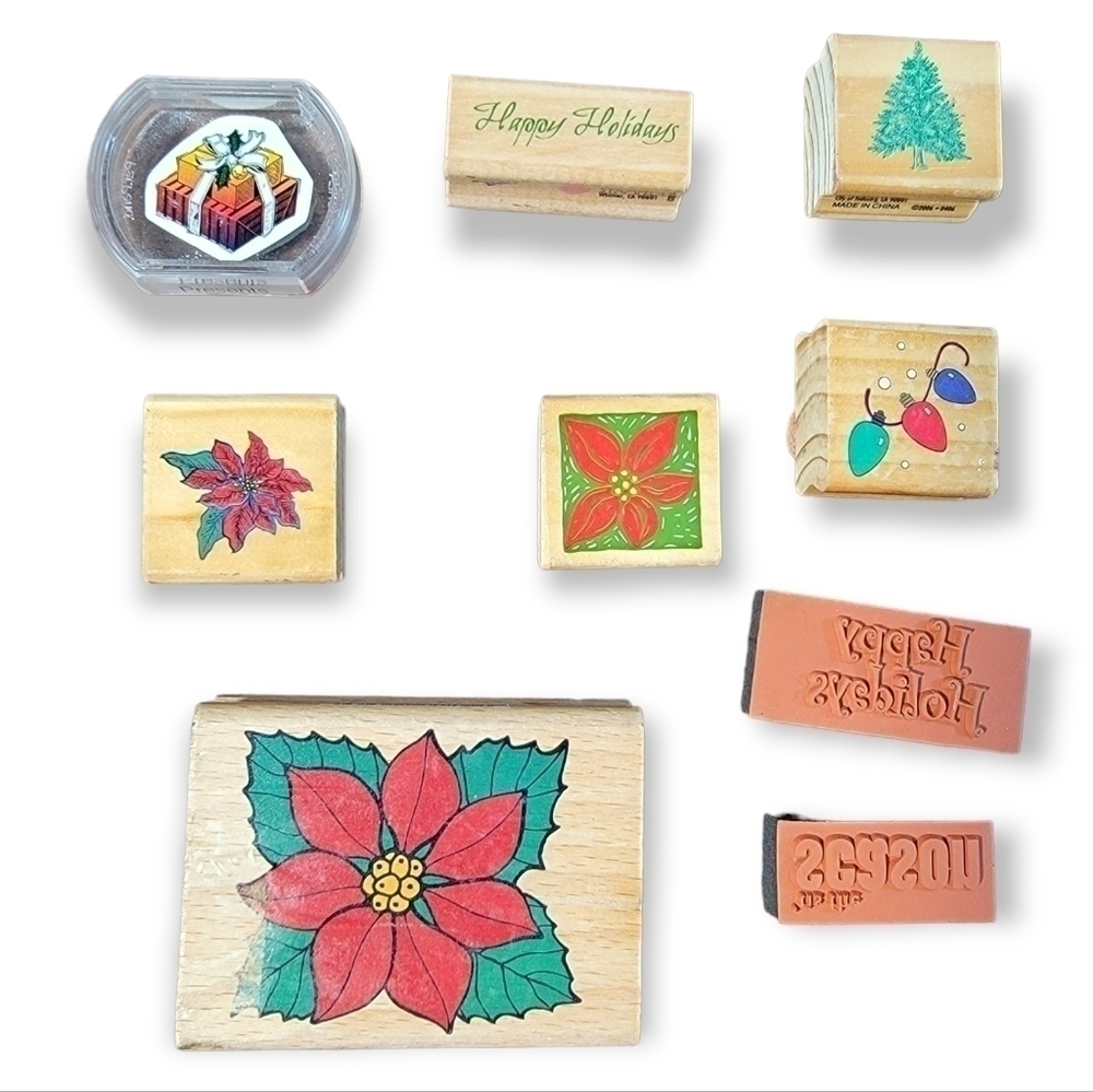 Lot of Christmas Theme Wooden Block Rubber Stamps Poinsettias